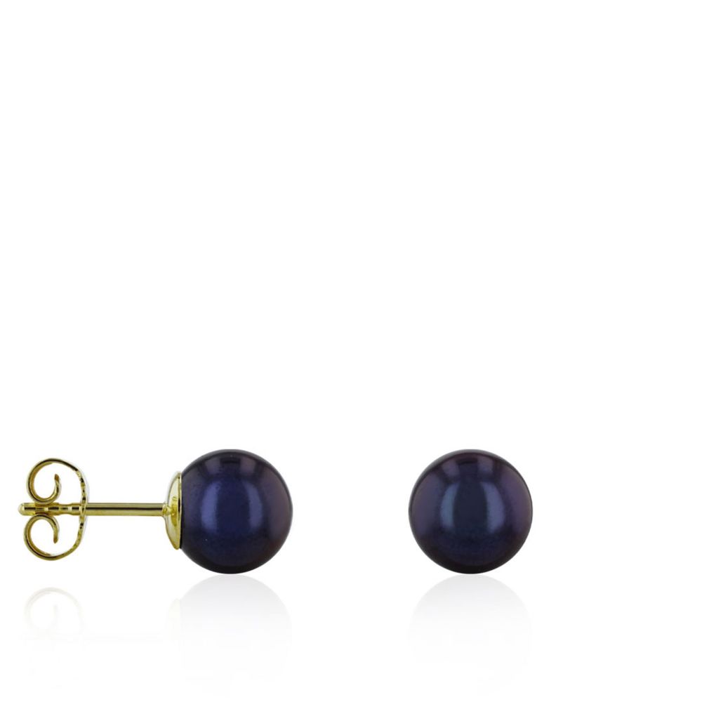 AURONOS Pearl Stud Earrings made of 14K yellow gold with black freshwater pearls 8-8.5mm