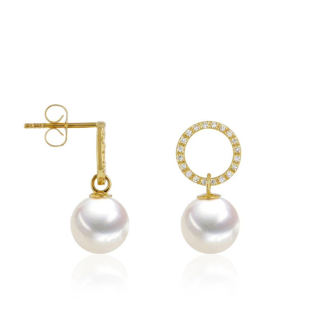 AURONOS Pearl Earrings made of 14K yellow gold with freshwater pearls 8.5-9mm and diamonds 0.18ct