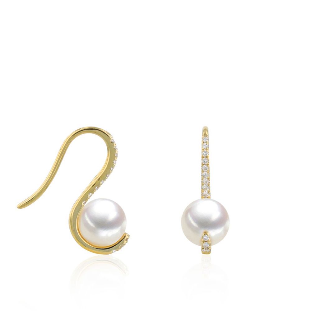 AURONOS Pearl Earrings in 14K yellow gold with freshwater pearls 6.5-7mm and diamonds 0.16ct