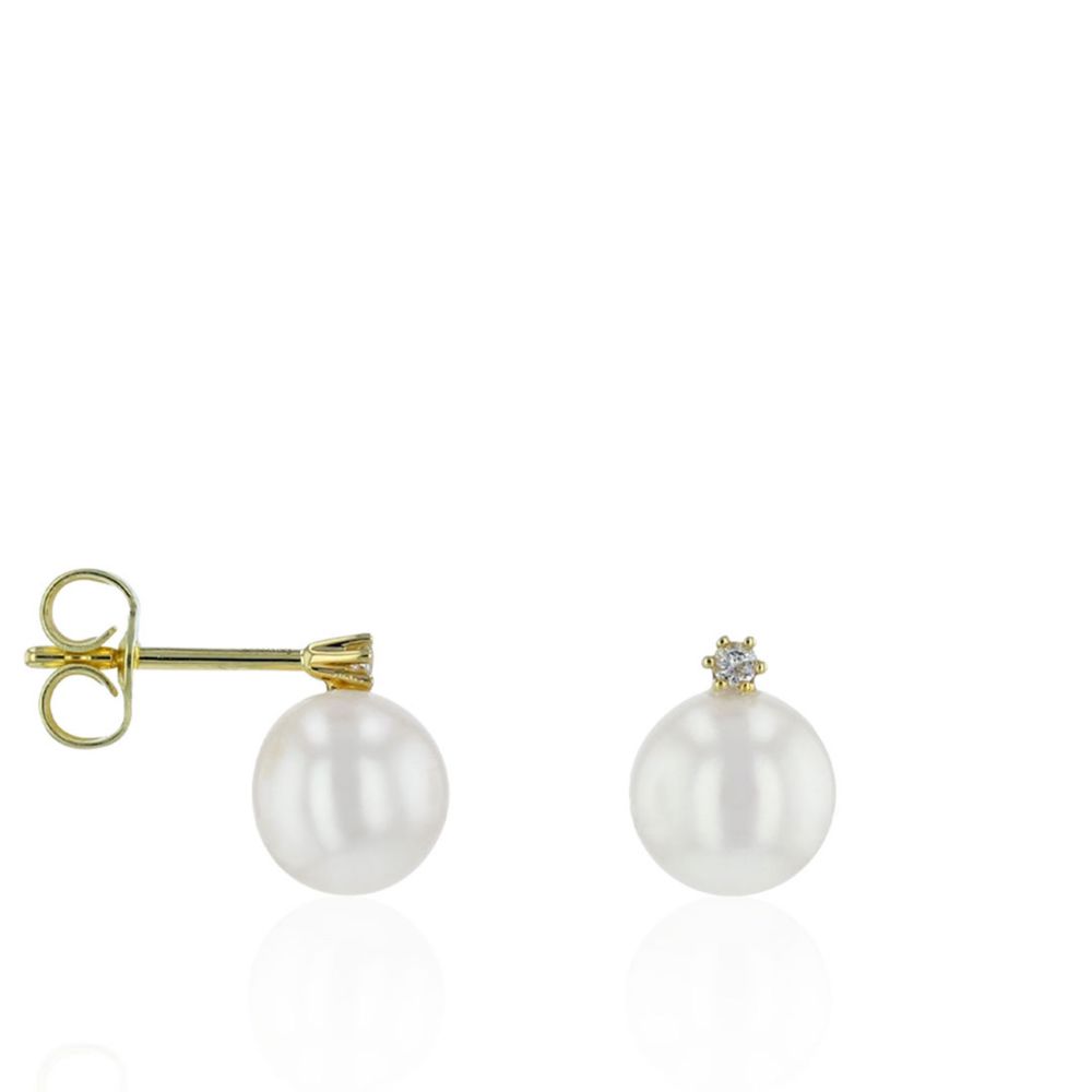 AURONOS Boucles d’oreilles en or jaune 14 carats avec perles d’eau douce 6,5-7mm et diamants 0,05 ct