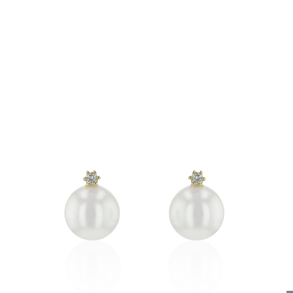 AURONOS Boucles d’oreilles en or jaune 14 carats avec perles d’eau douce 6,5-7mm et diamants 0,05 ct