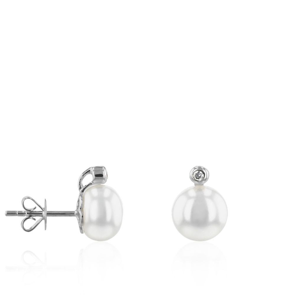 AURONOS Boucles d’oreilles perles en or blanc 14 carats avec perles d’eau douce 8-8.5mm et diamants 0,03 ct