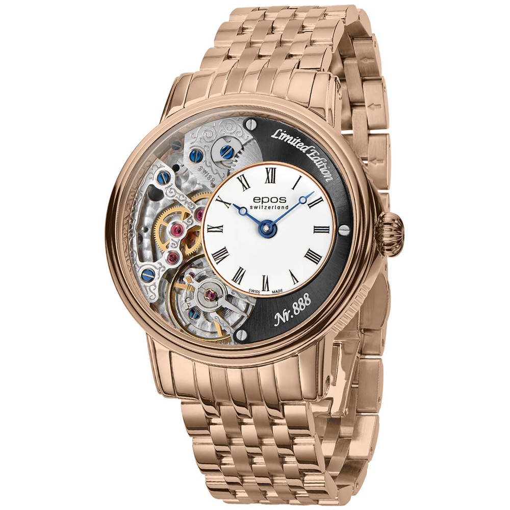 Epos Artistry 3435 Verso 2 Limited Edition Skeletonized Black Hand Winding Rose Gold Plated with Stainless Steel Band