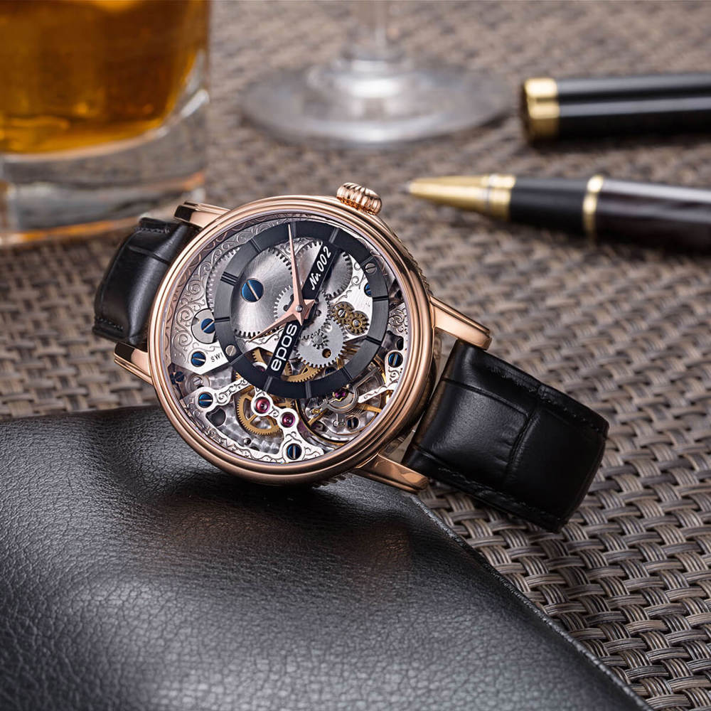 Epos Artistry 3435 Verso 1 Limited Edition Skelettiert Handaufzug Rosévergoldet Schwarz mit Lederband