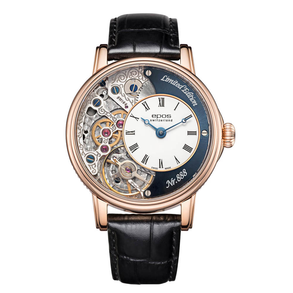 Epos Artistry 3435 Verso 2 Limited Edition Skelettiert Handaufzug Rosévergoldet Blau mit Lederband