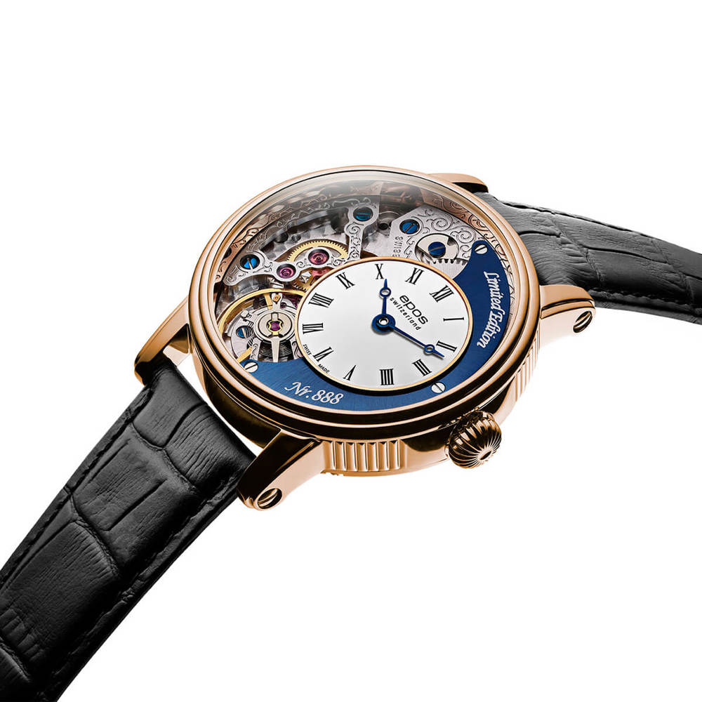 Epos Artistry 3435 Verso 2 Limited Edition Skelettiert Handaufzug Rosévergoldet Blau mit Lederband