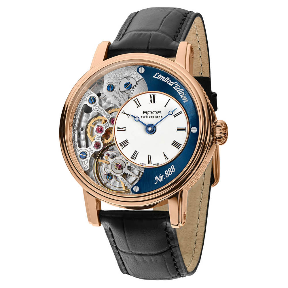 Epos Artistry 3435 Verso 2 Limited Edition Skelettiert Handaufzug Rosévergoldet Blau mit Lederband