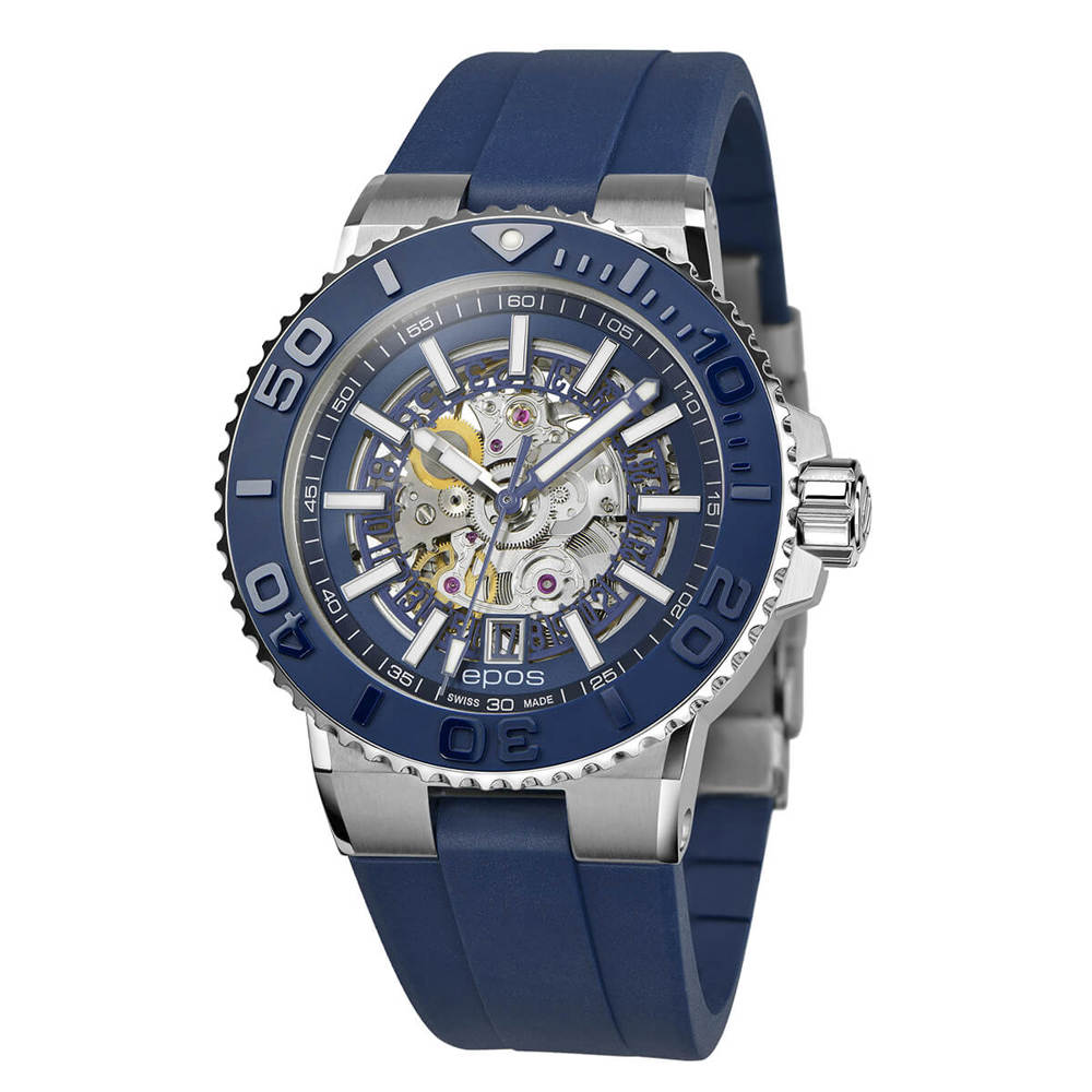 Epos Sport 3441 Diver Skeleton Blue with Blue Rubber Band