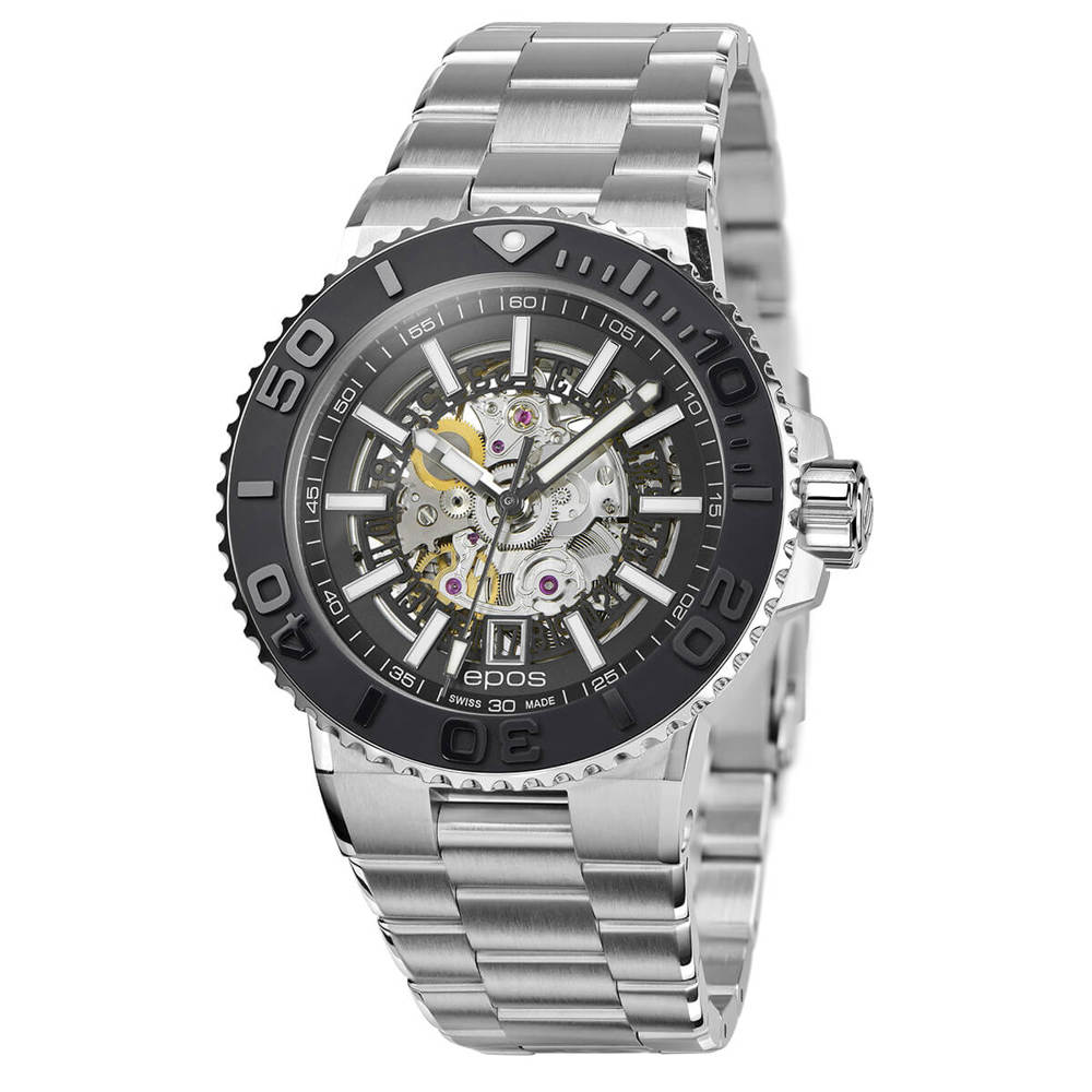 Epos Sport 3441 Diver Skelettiert Schwarz/Silber mit Edelstahlband