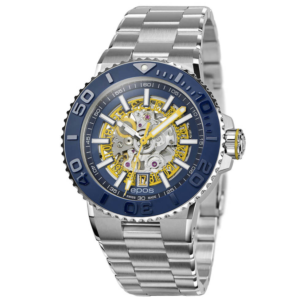 Epos Sport 3441 Diver Skelettiert Blau/Gelb mit Edelstahlband