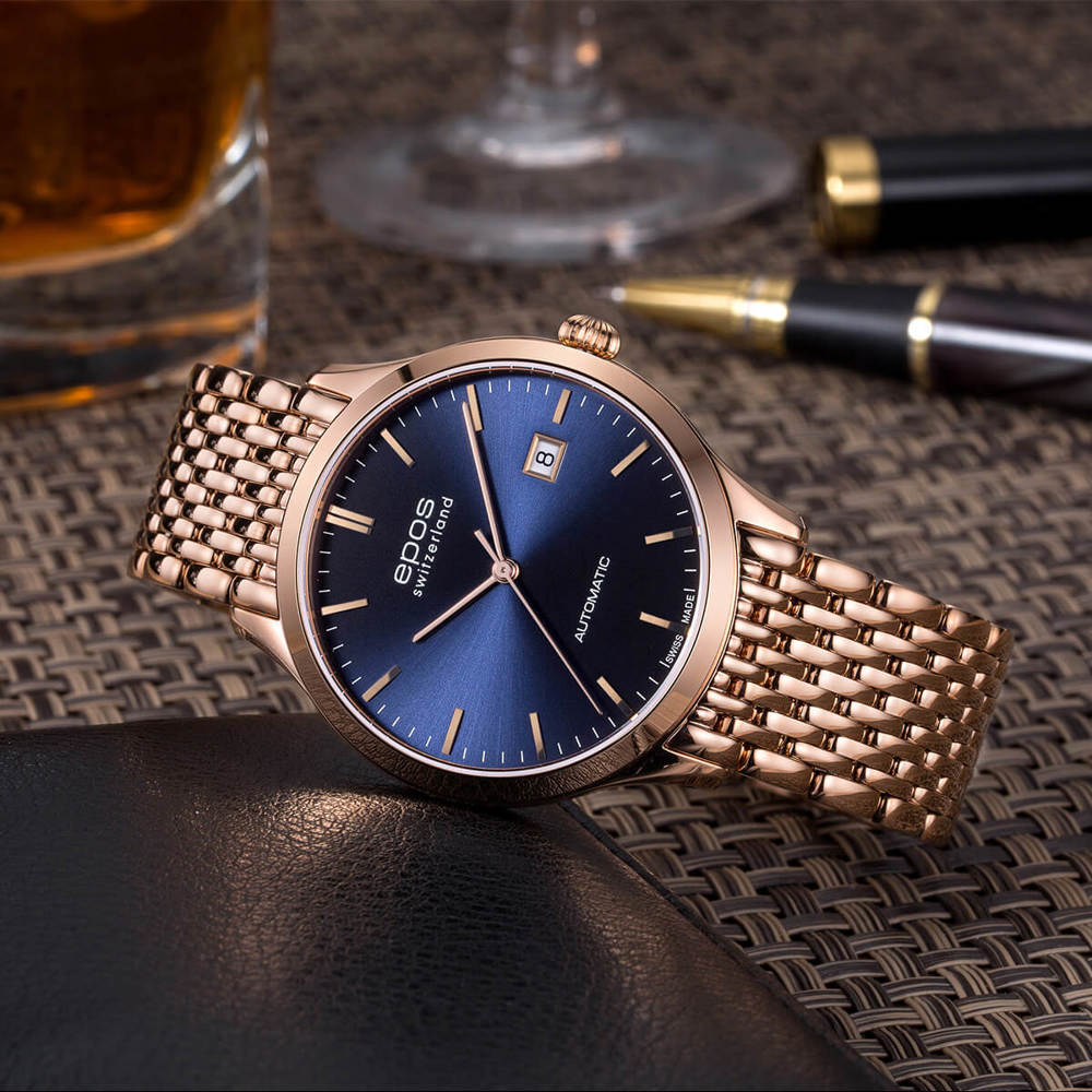 Epos Timeless 3420 rose gold blue with stainless steel band