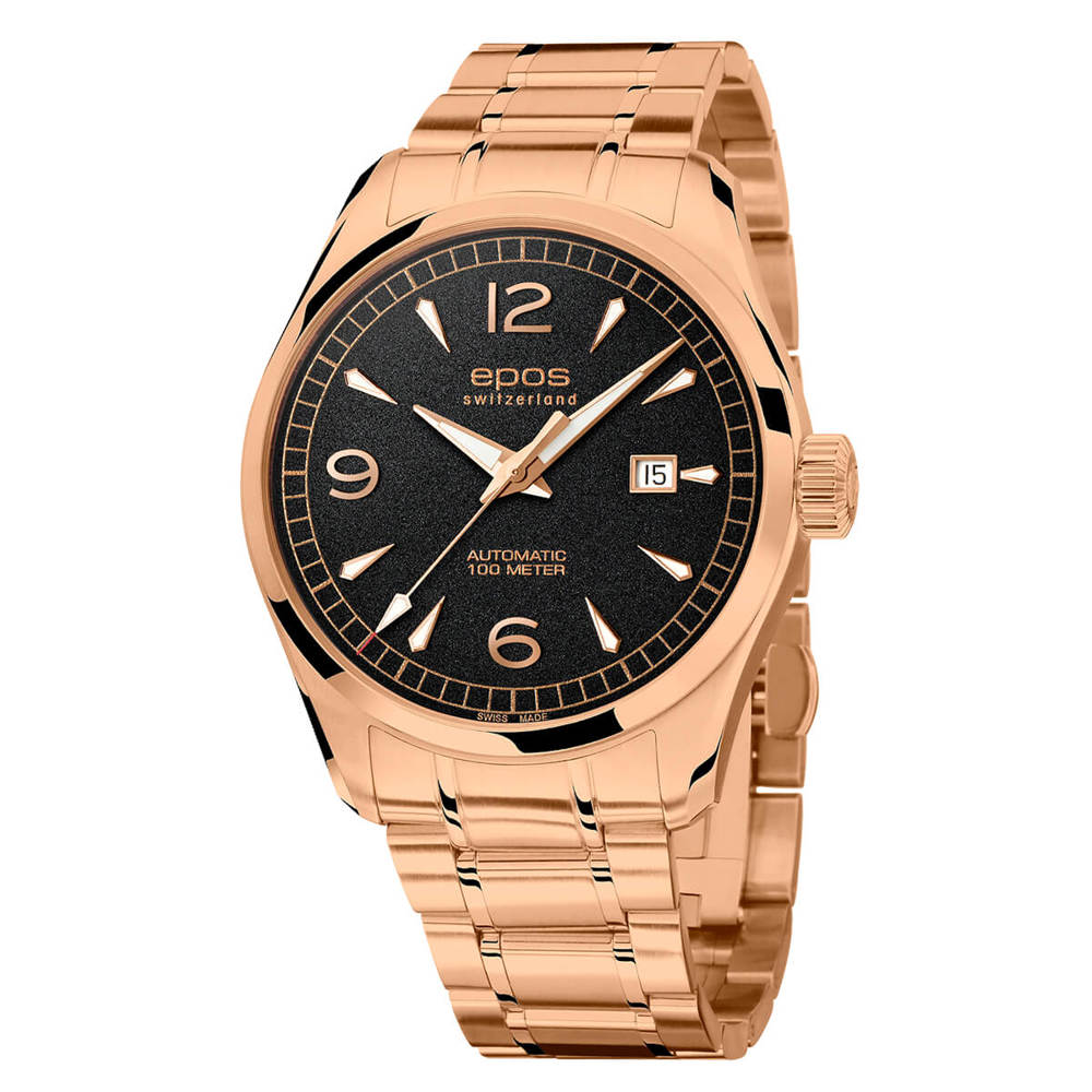 Epos Timeless 3401 Date rose gold plated black with stainless steel band