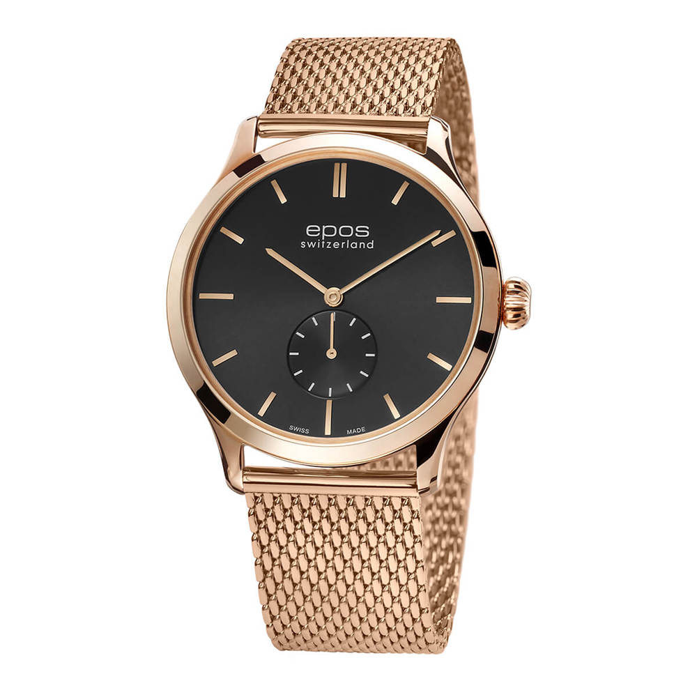 Epos Timeless 3408 Manual Winding Small Second Rose Gold Plated Black with Stainless Steel Band