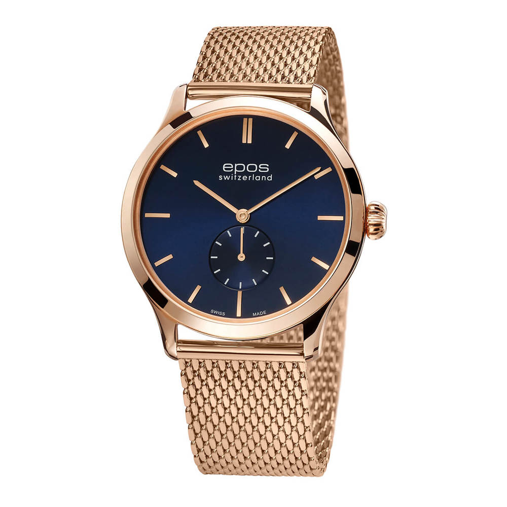 Epos Timeless 3408 Manual Winding Small Second Rose Gold Blue with Stainless Steel Band