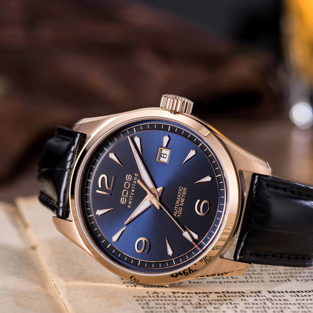 Epos Timeless 3401 Date Rosévergoldet Blau mit Lederband