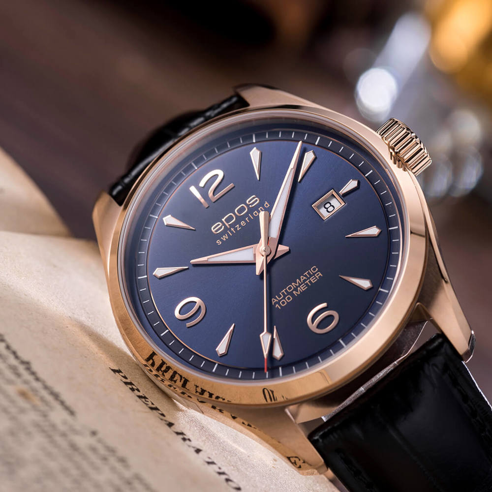 Epos Timeless 3401 Date Rosévergoldet Blau mit Lederband