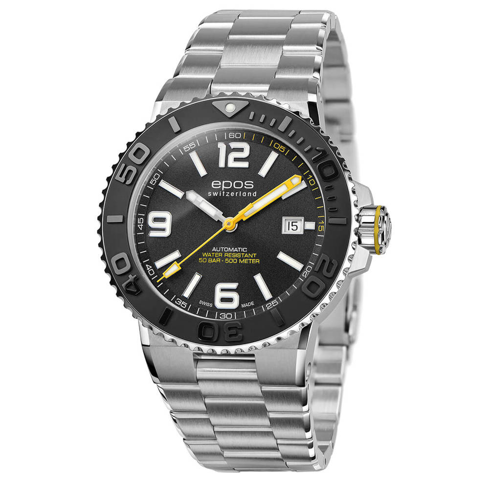 Epos Sport 3441 Diver Date noir avec bracelet en acier inoxydable