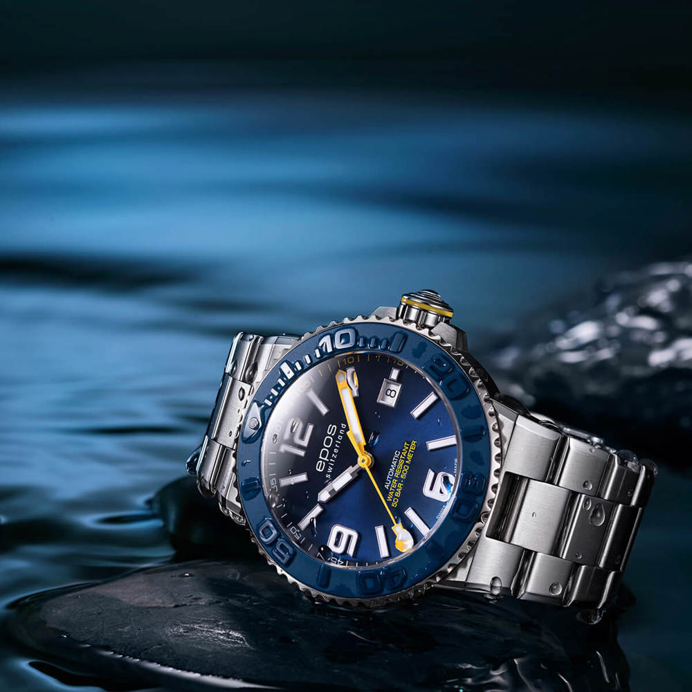 Epos Sport 3441 Diver Date bleu avec bracelet en acier inoxydable