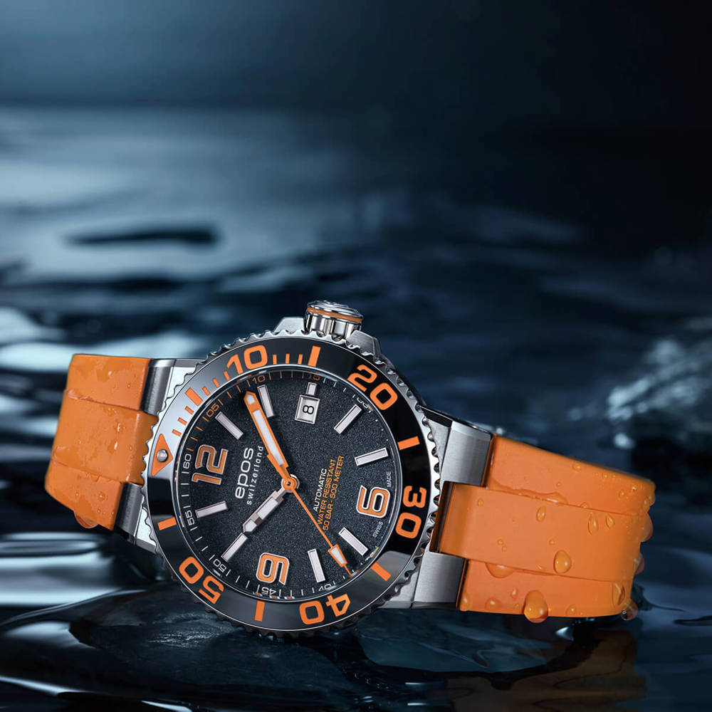 Epos Sport 3441 Diver Date Orange / Black with Orange Rubber Band