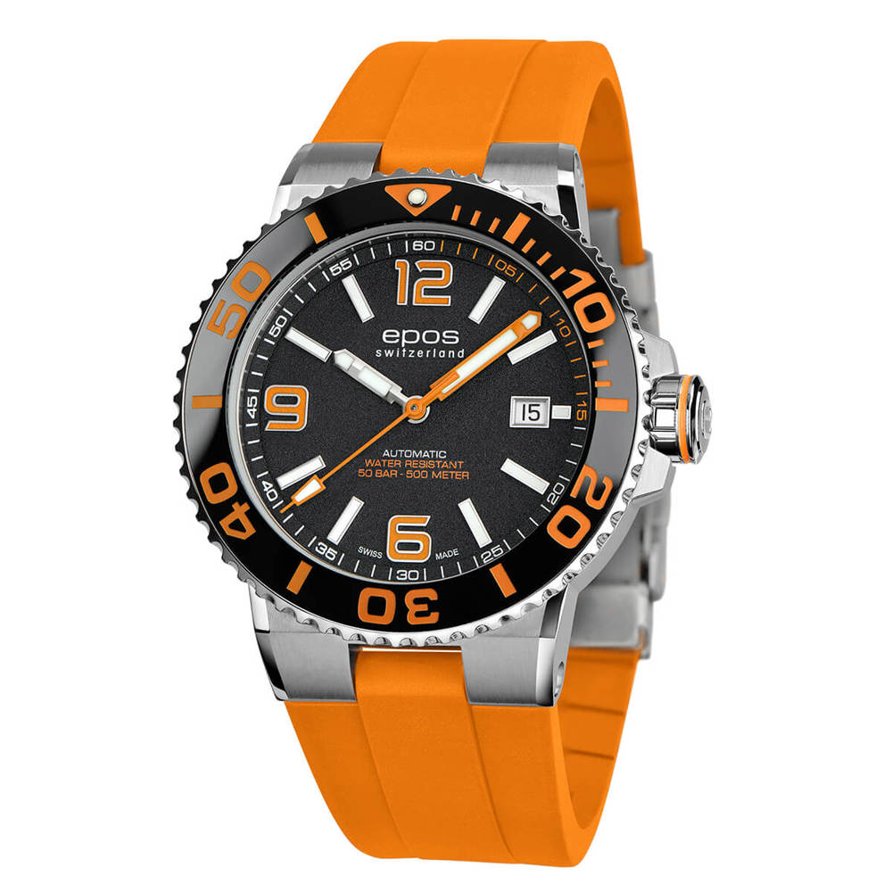 Epos Sport 3441 Diver Date Orange / Schwarz mit Orangen Gummiband