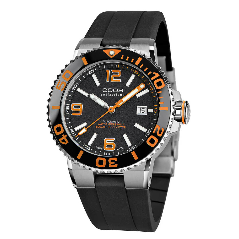 Epos Sport 3441 Diver Date Orange / Schwarz mit Schwarzem Gummiband