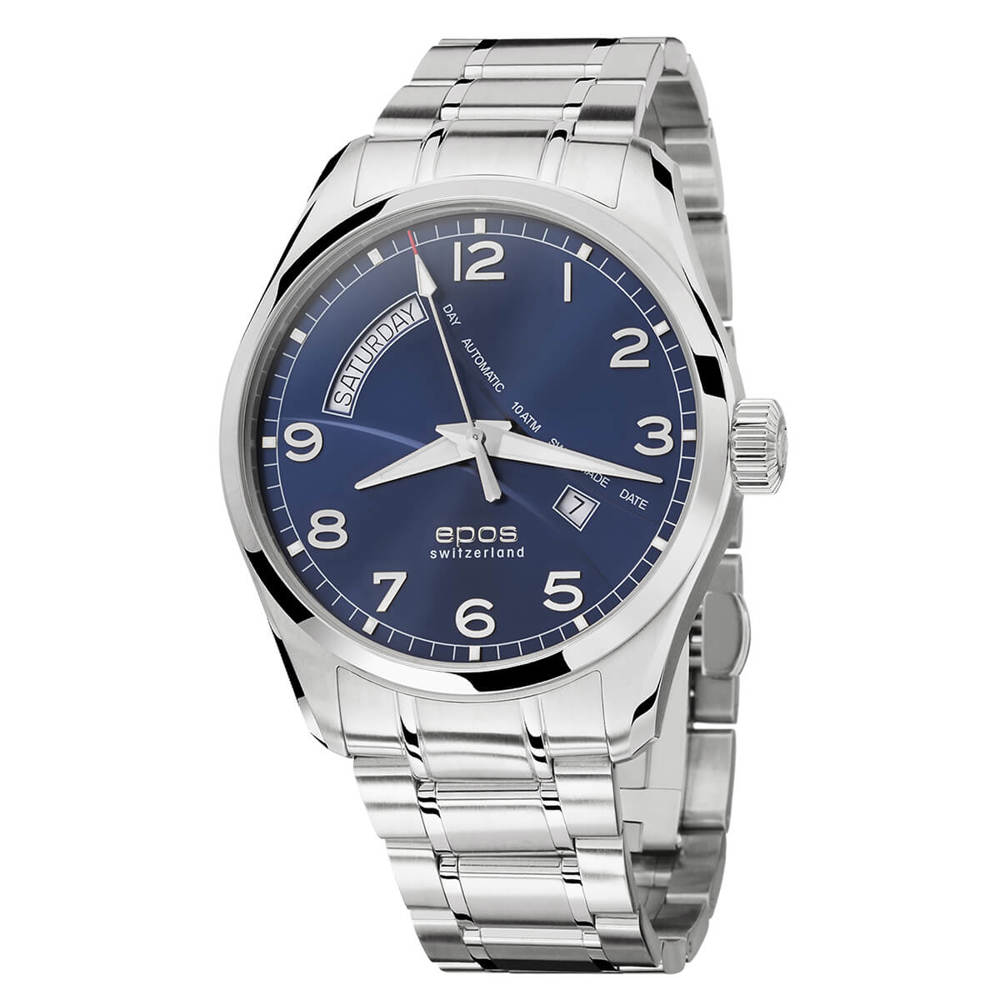 Epos Timeless 3402 Day Date bleu avec bracelet en acier inoxydable