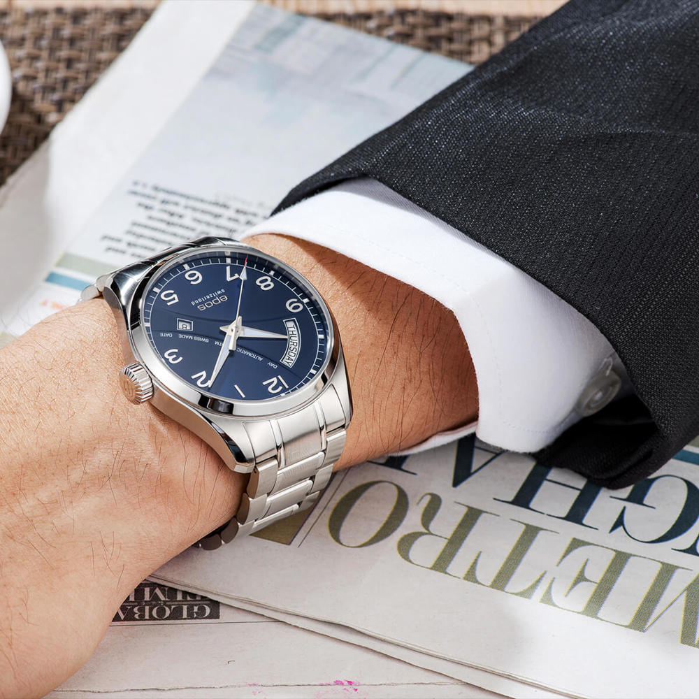 Epos Timeless 3402 Day Date bleu avec bracelet en acier inoxydable