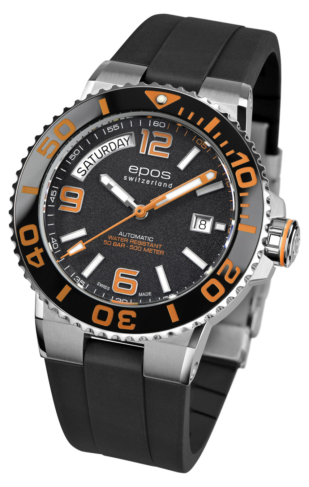 Epos Sport 3441 Diver Day Date Black / Orange with Black Rubber Strap