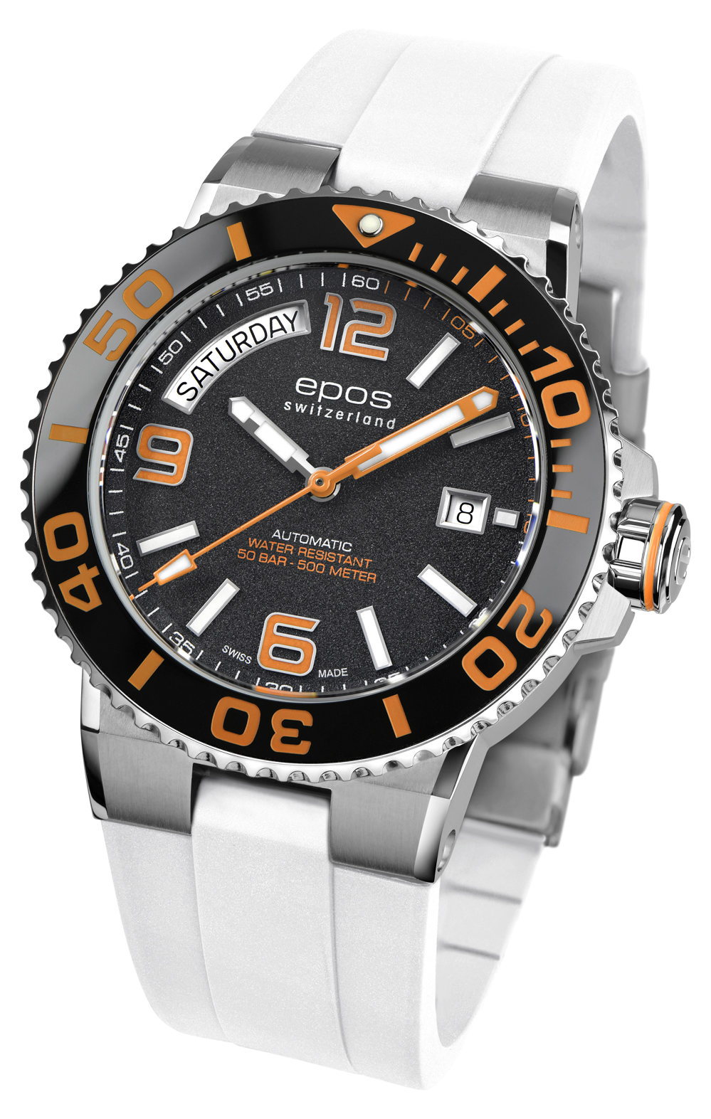 Epos Sport 3441 Diver Day Date Black / Orange with White Rubber Strap