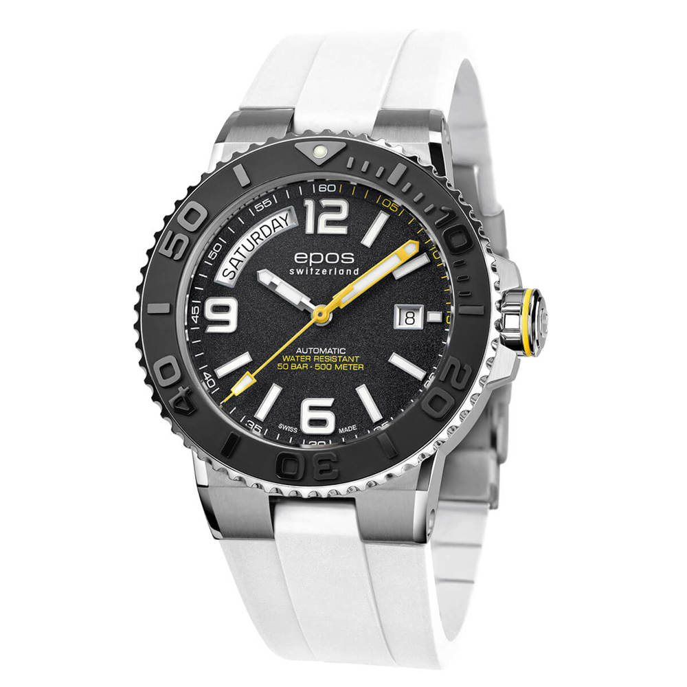 Epos Sport 3441 Diver Day Date Black with White Rubber Strap