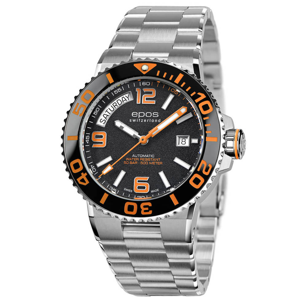 Epos Sport 3441 Diver Day Date Schwarz / Orange mit Edelstahlband