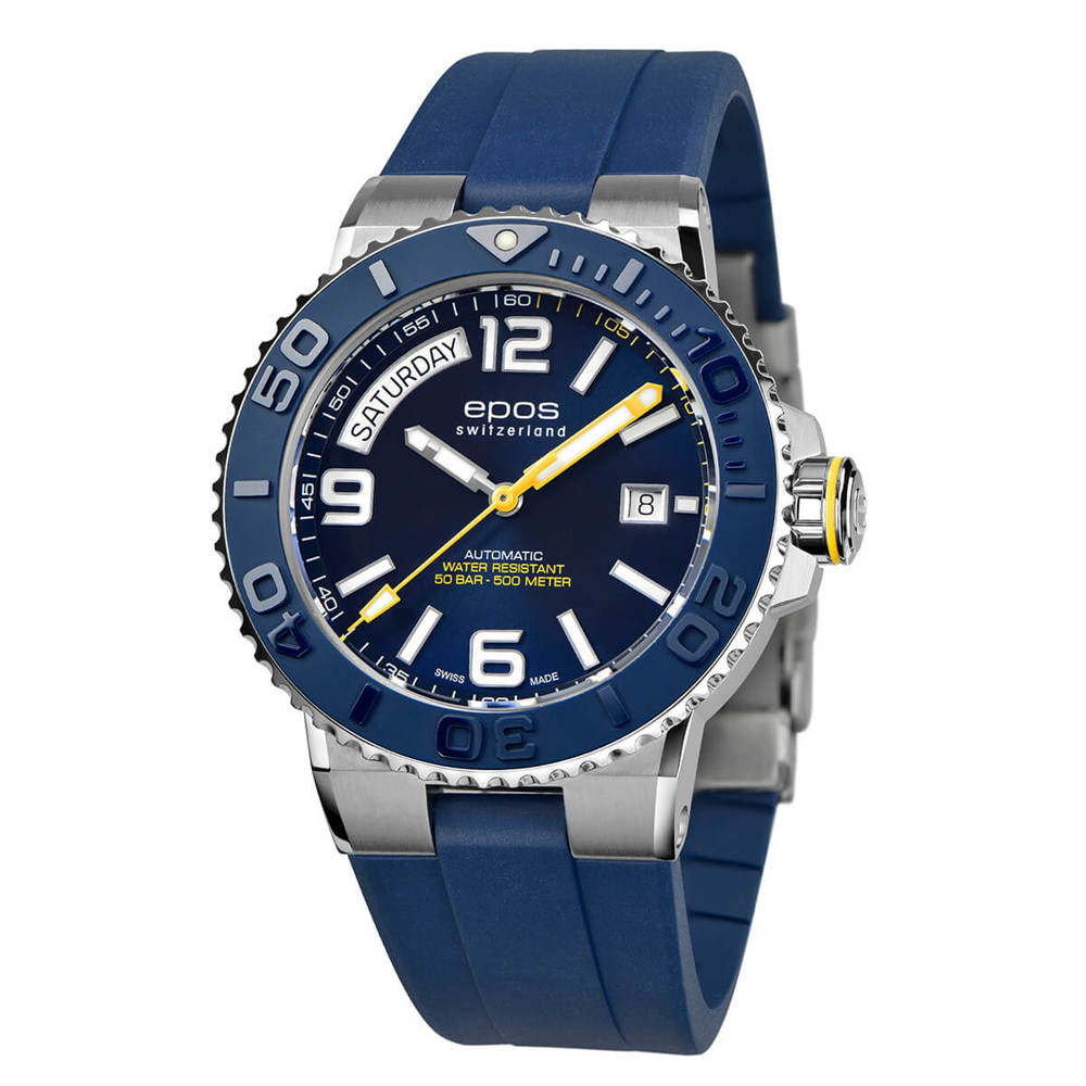 Epos Sport 3441 Diver Day Date Blau mit Blauem Gummiband