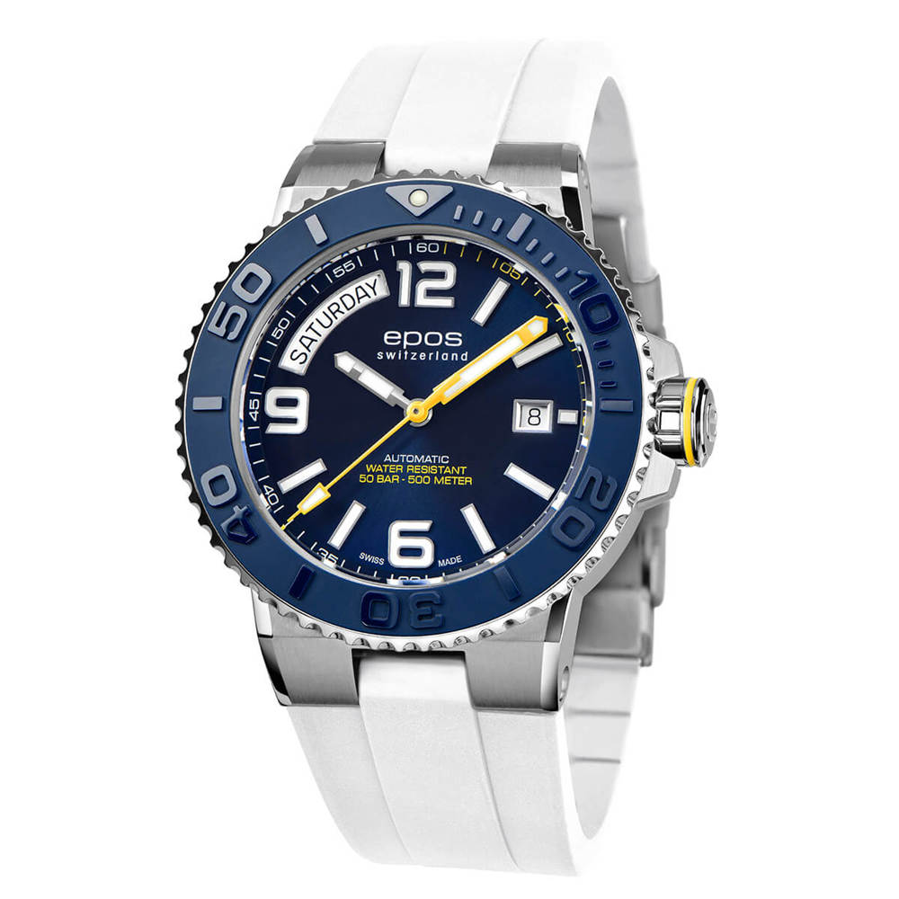 Epos Sport 3441 Diver Day Date Blue with White Rubber Strap
