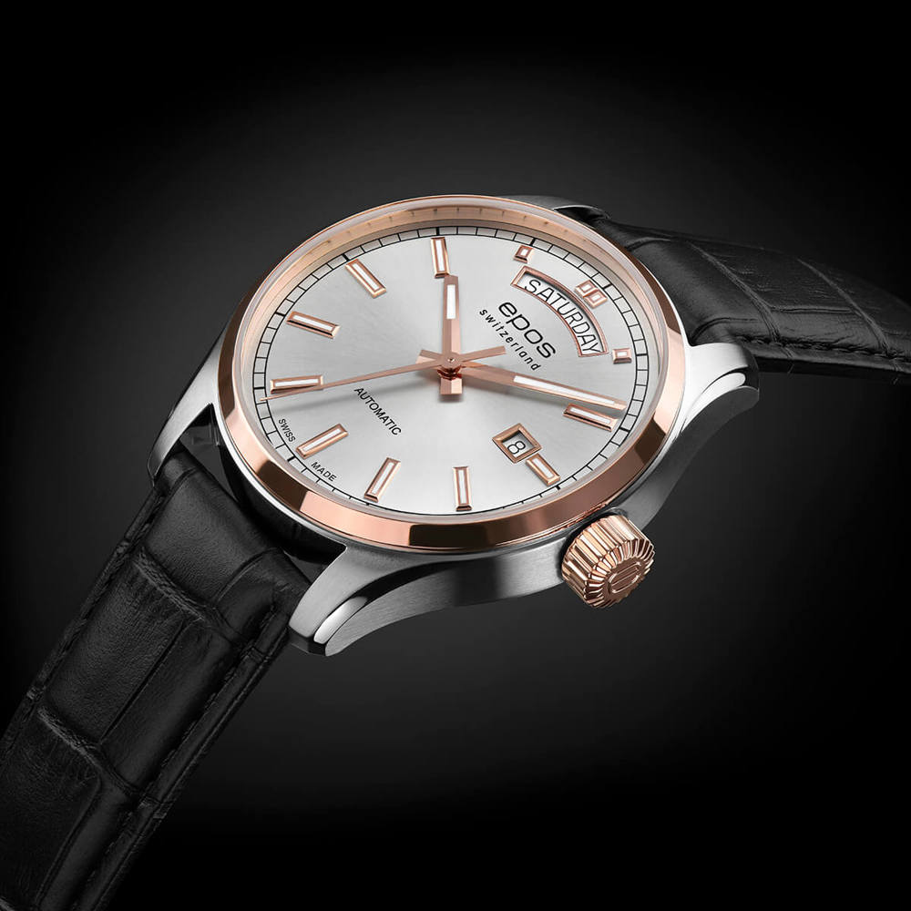 Epos Timeless 3501 Day Date Silver in Bicolor Rose Gold with Leather Strap
