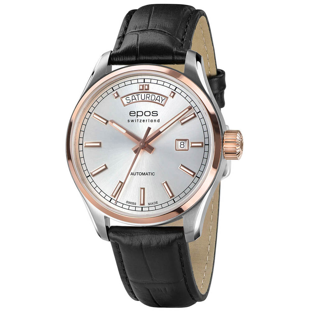 Epos Timeless 3501 Day Date Silver in Bicolor Rose Gold with Leather Strap