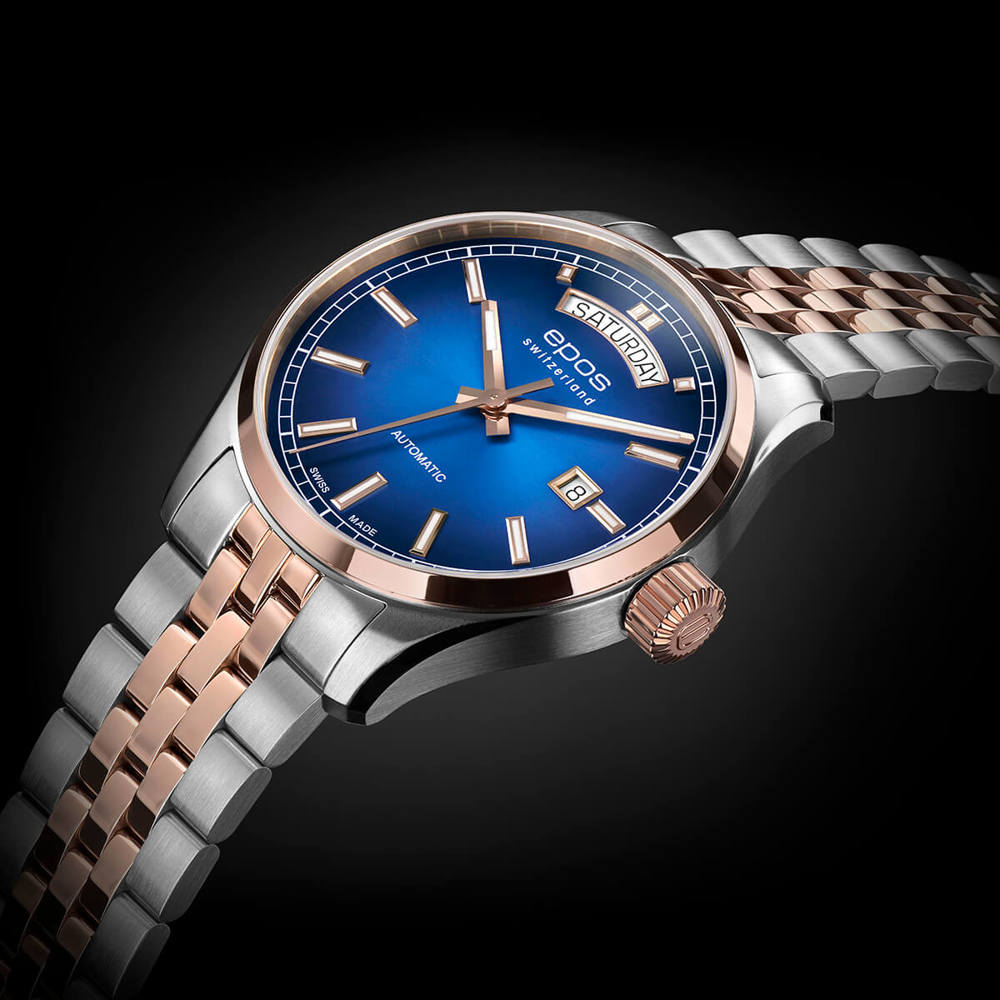 Epos Timeless 3501 Day Date Blau in Bicolor Rosévergoldet mit Edelstahlband