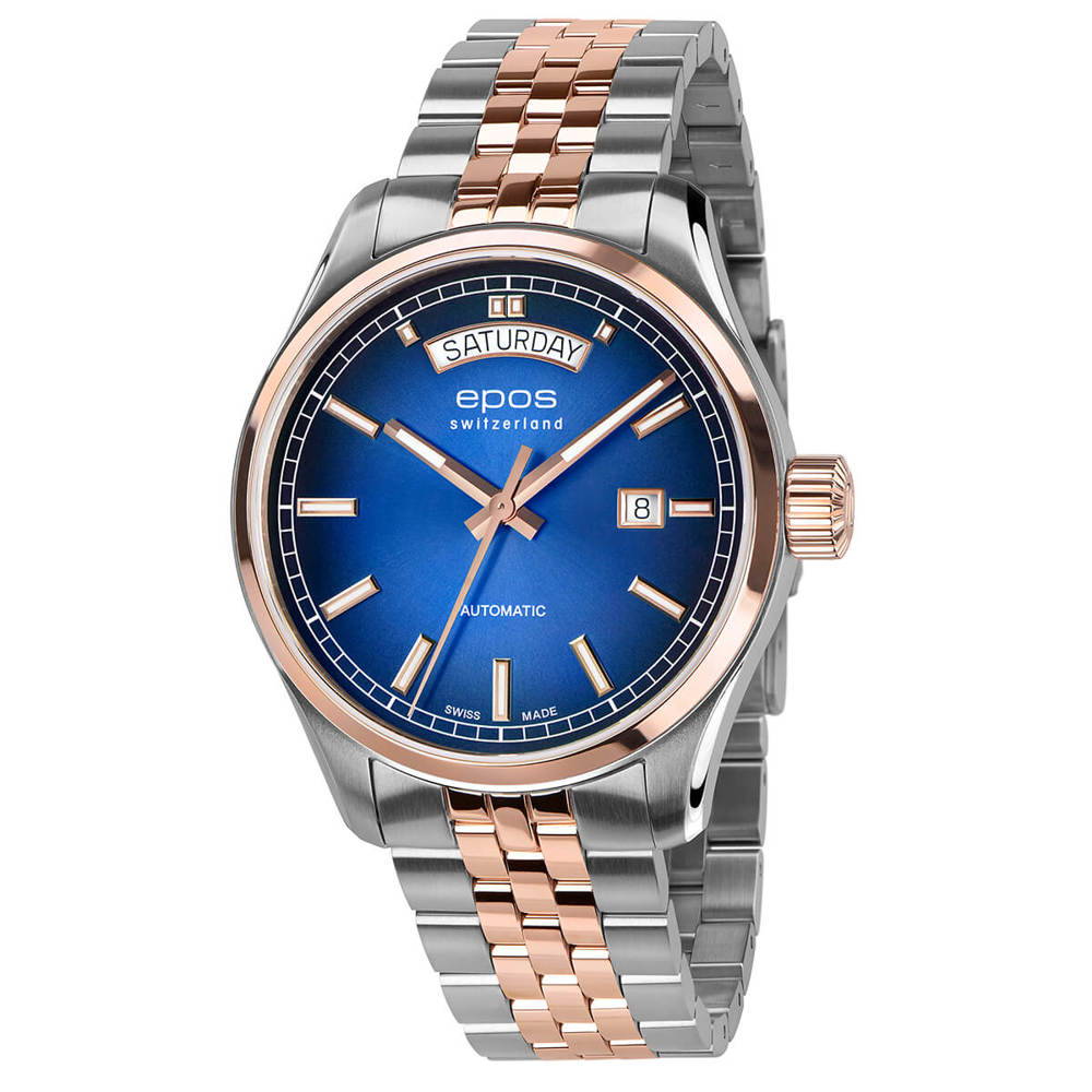 Epos Timeless 3501 Day Date Blau in Bicolor Rosévergoldet mit Edelstahlband