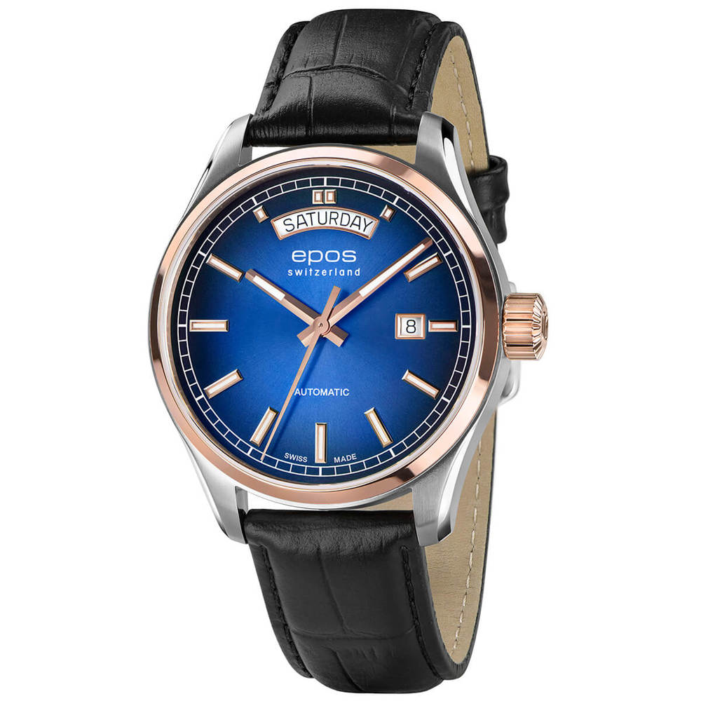 Epos Timeless 3501 Day Date Blue in Bicolor Rose Gold with Leather Strap