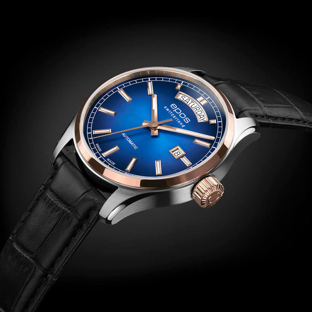 Epos Timeless 3501 Day Date Blue in Bicolor Rose Gold with Leather Strap