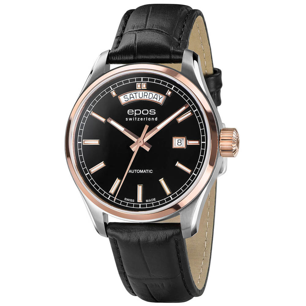 Epos Timeless 3501 Day Date Schwarz in Bicolor Rosévergoldet mit Lederband