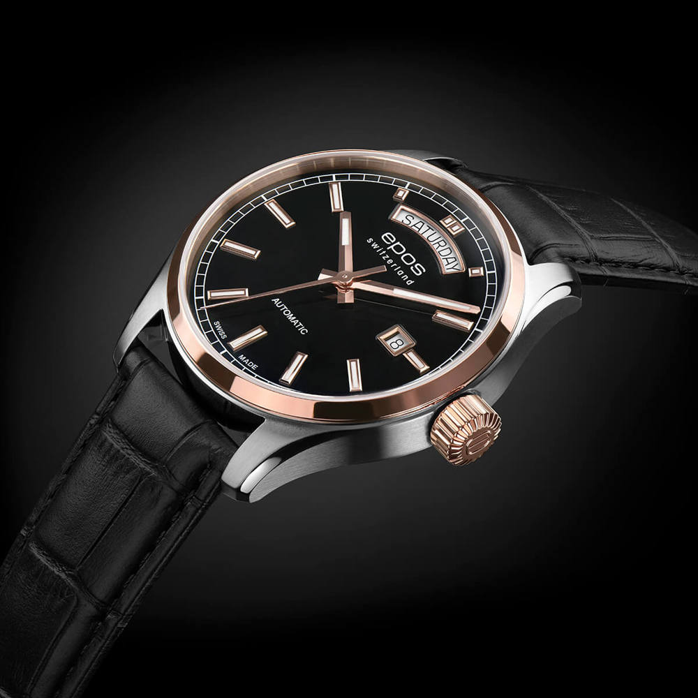 Epos Timeless 3501 Day Date Schwarz in Bicolor Rosévergoldet mit Lederband