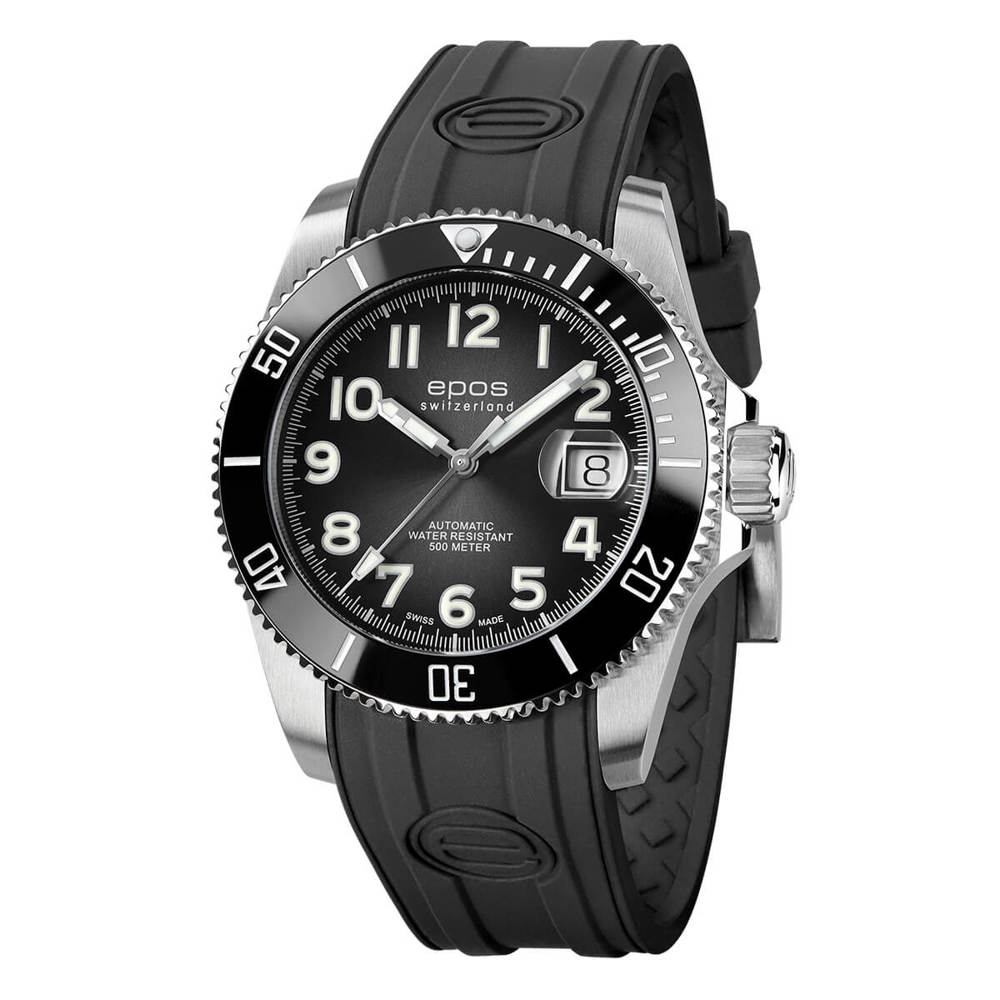 Epos Sport 3504 Diver Titane Date Noir avec Bracelet en Caoutchouc Noir