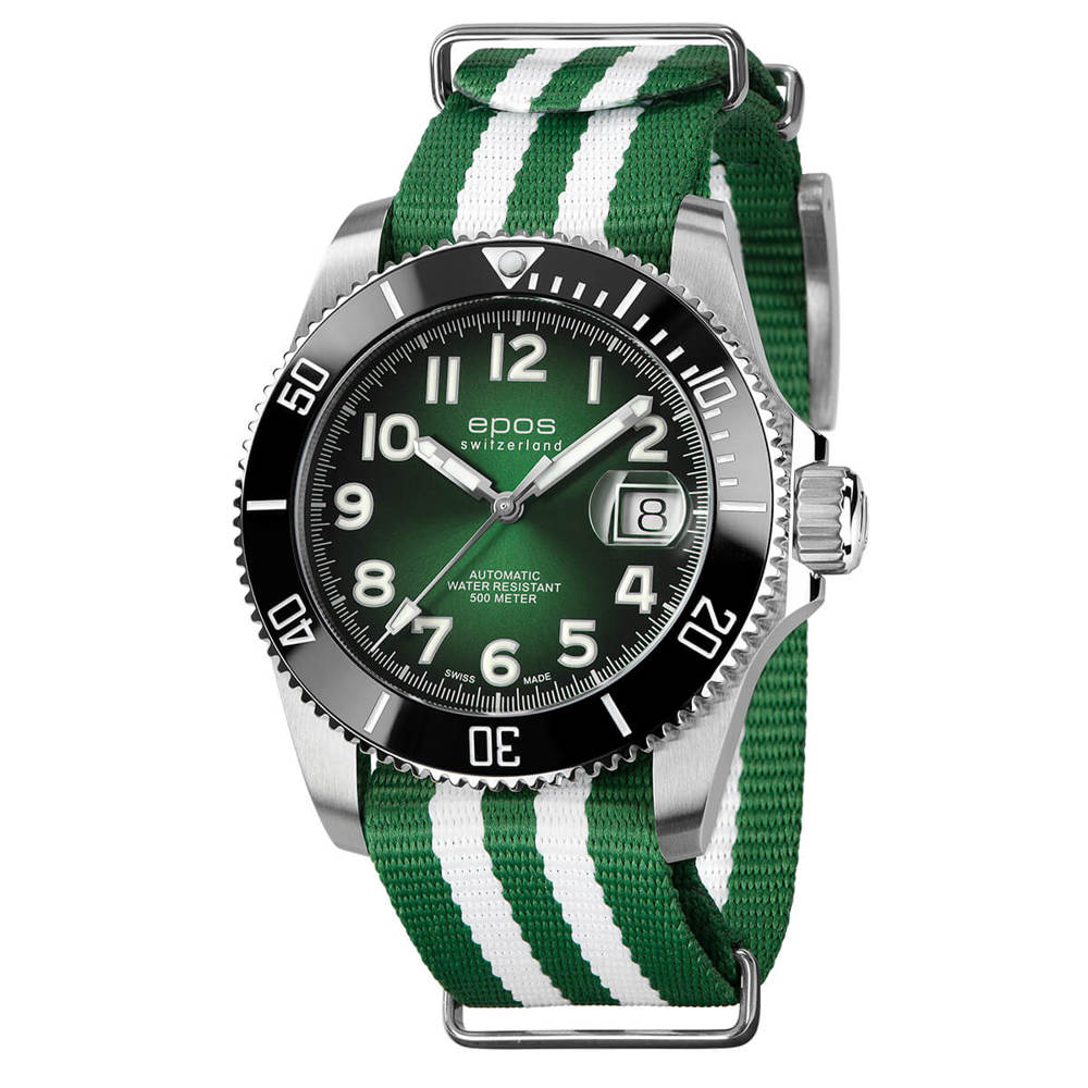 Epos Sport 3504 Diver Titanium Date Grün mit Bicolor Natoband