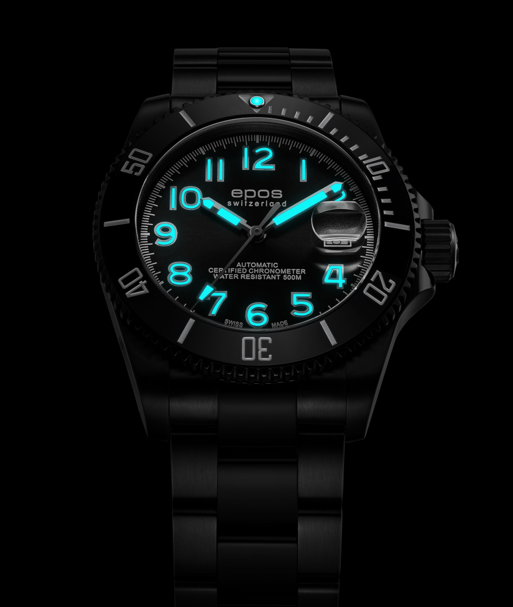 Epos Sport 3504 Diver COSC Limited Edition Date Schwarz mit Edelstahlband