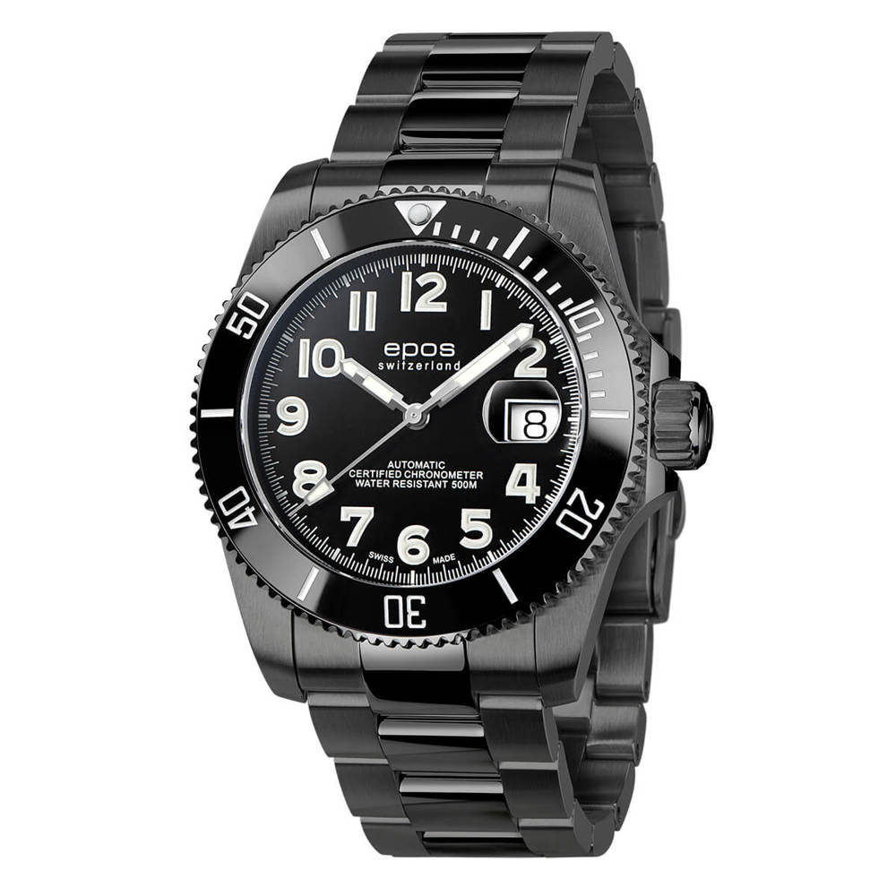 Epos Sport 3504 Diver COSC Limited Edition Date Schwarz mit Edelstahlband