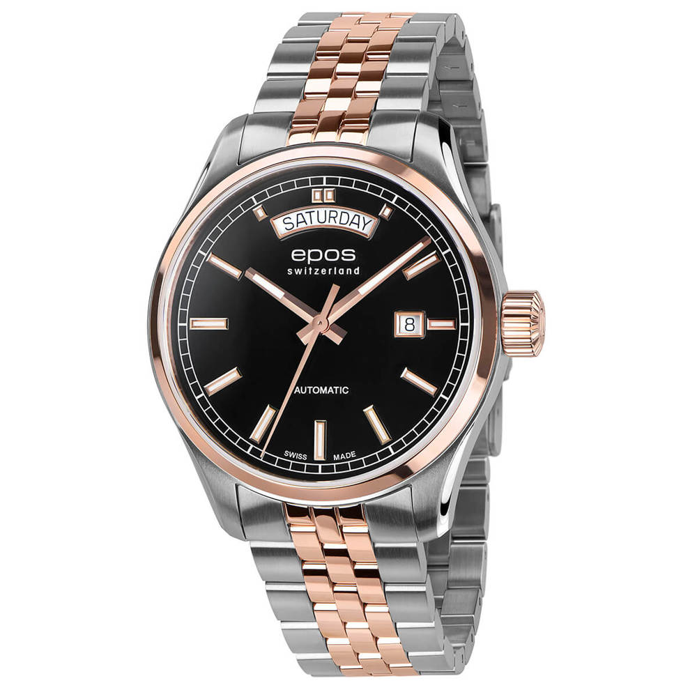 Epos Timeless 3501 Day Date Noir Bicolore et Plaqué Or Rose avec Bracelet en Acier