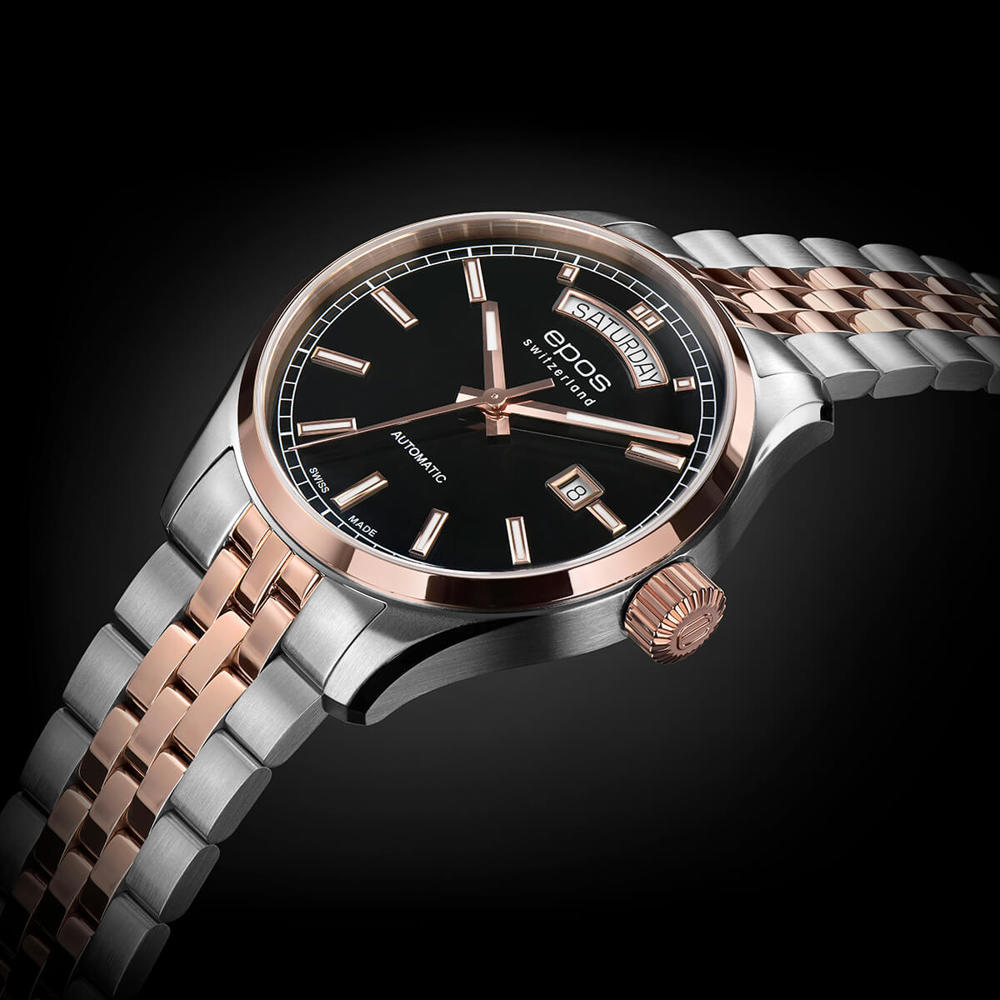 Epos Timeless 3501 Day Date Noir Bicolore et Plaqué Or Rose avec Bracelet en Acier
