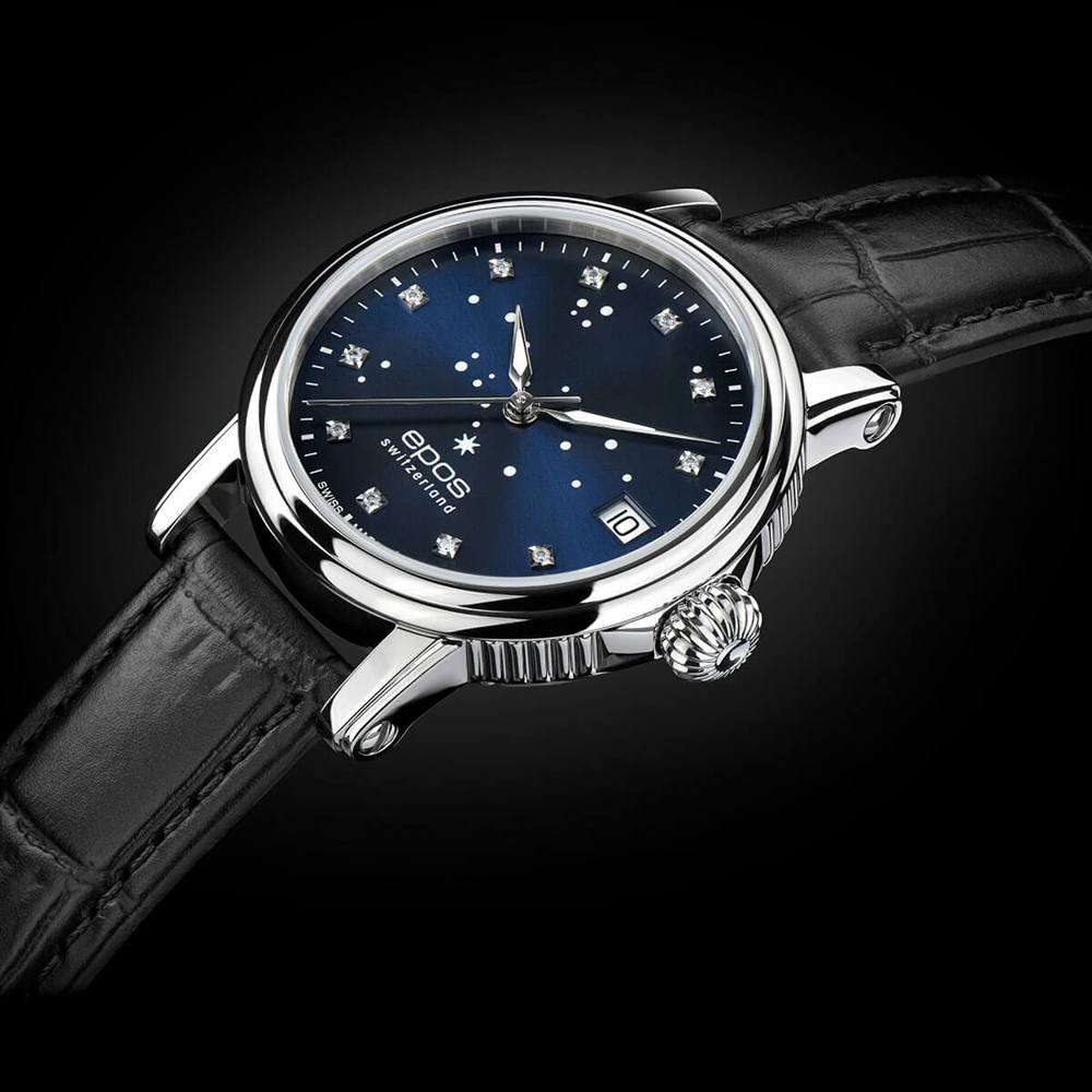 Epos Timeless 4390 North Star Diamond Blue with Black Leather Strap