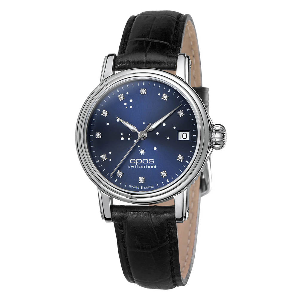 Epos Timeless 4390 North Star Diamond Blue with Black Leather Strap
