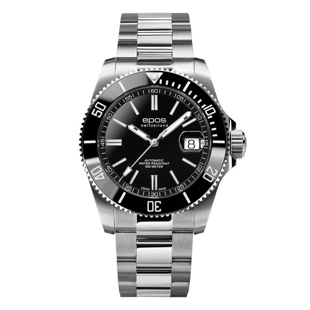Epos Sport 3504 Diver Date Black with Stainless Steel Bracelet